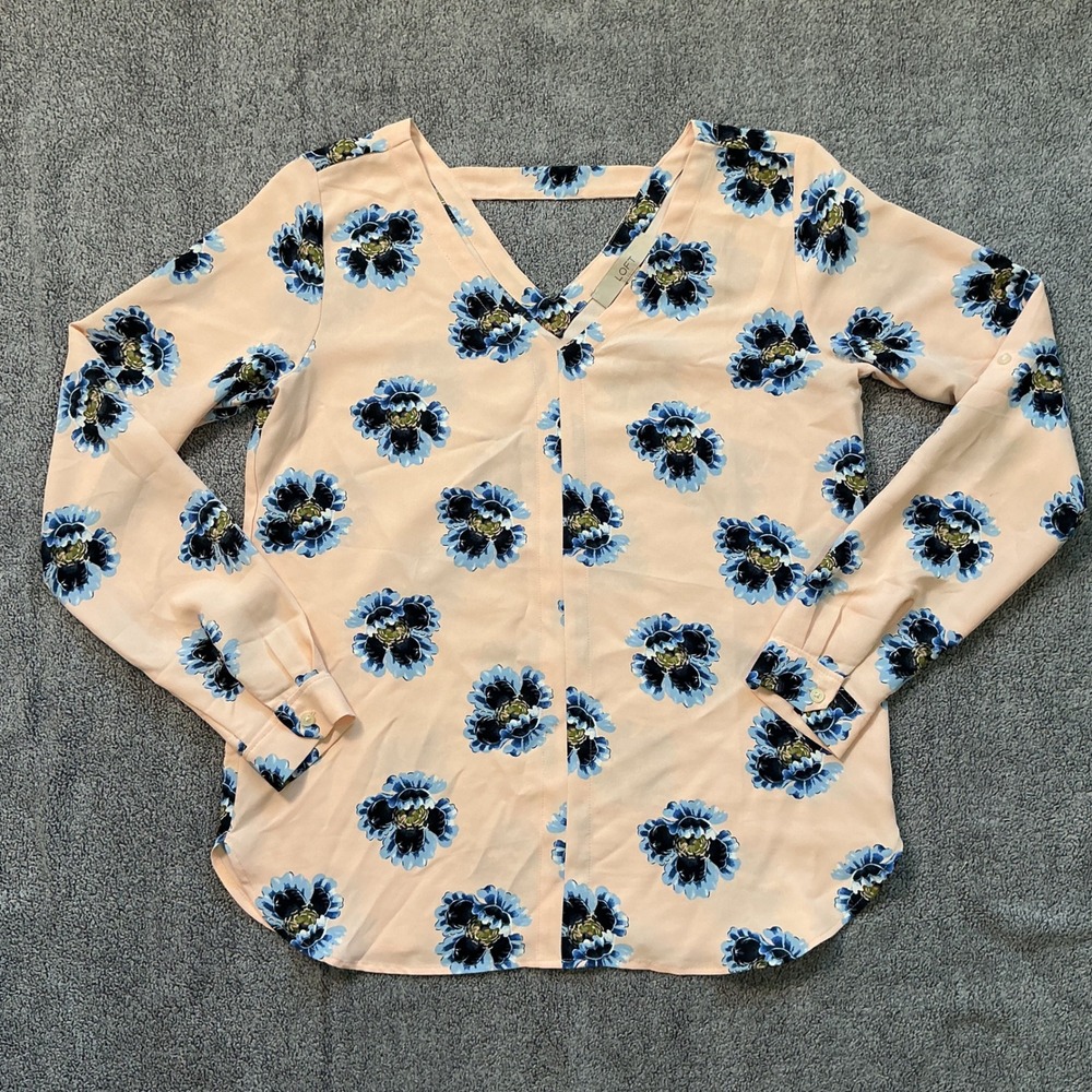 LOFT Women Peach Blue Floral V-Neck Strappy Back Long Sleeve Blouse XS 444209
